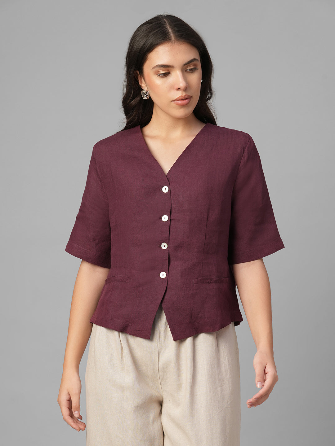 Women's Maroon 100% Linen Regular Fit Blouse
