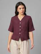 Women's Maroon 100% Linen Regular Fit Blouse