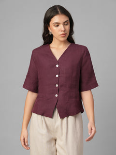 Women's Maroon 100% Linen Regular Fit Blouse