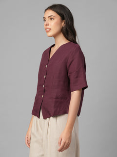 Women's Maroon 100% Linen Regular Fit Blouse