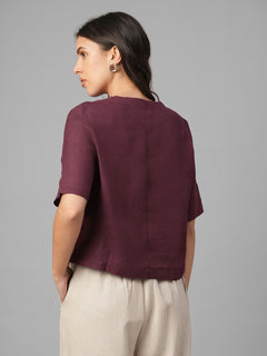 Women's Maroon 100% Linen Regular Fit Blouse