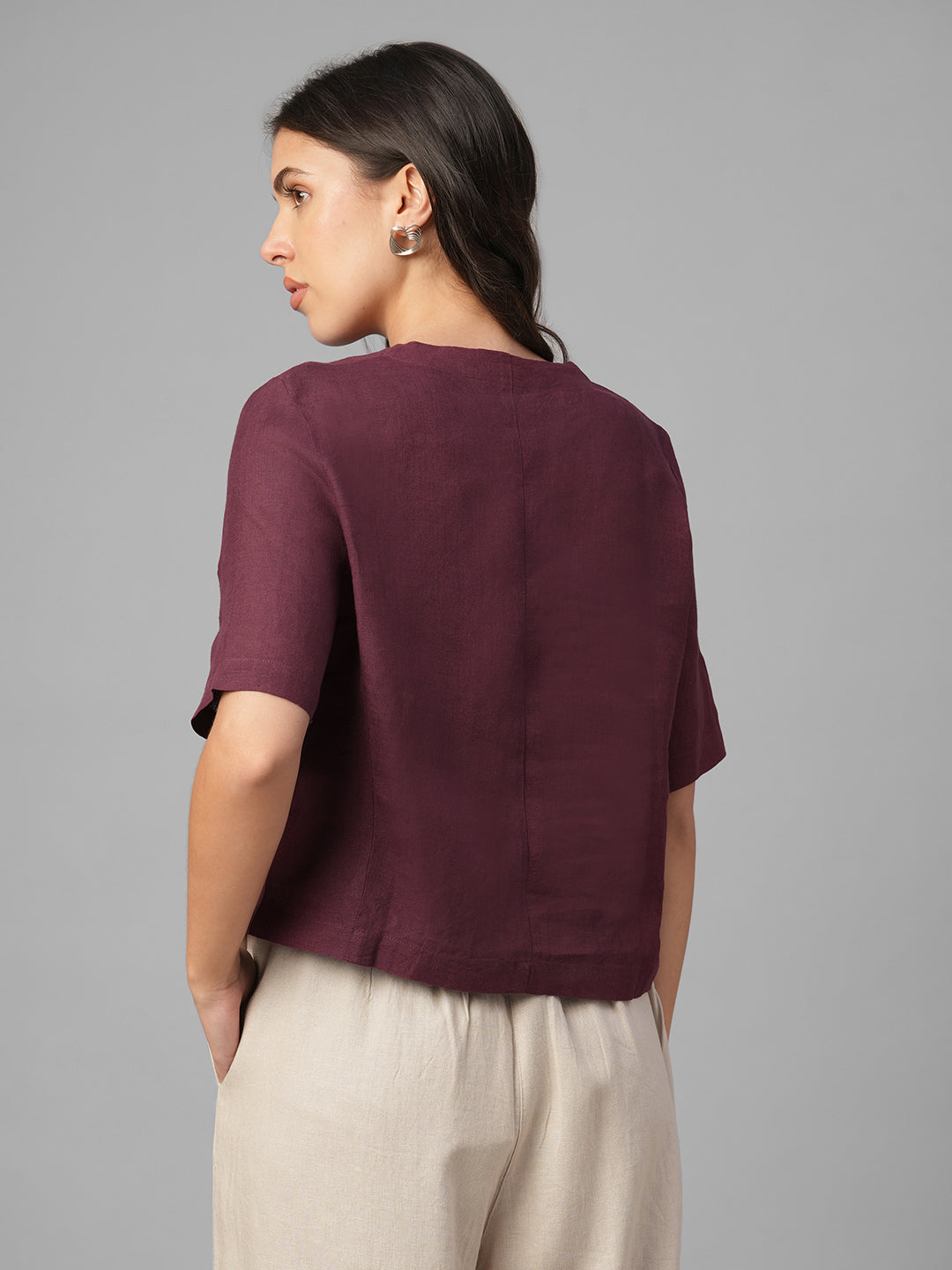 Women's Maroon 100% Linen Regular Fit Blouse