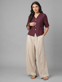 Women's Maroon 100% Linen Regular Fit Blouse