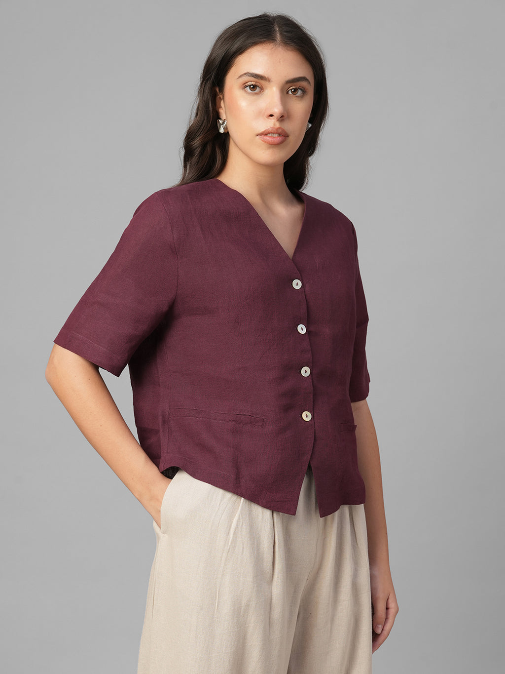 Women's Maroon 100% Linen Regular Fit Blouse