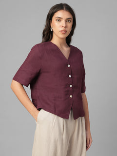 Women's Maroon 100% Linen Regular Fit Blouse