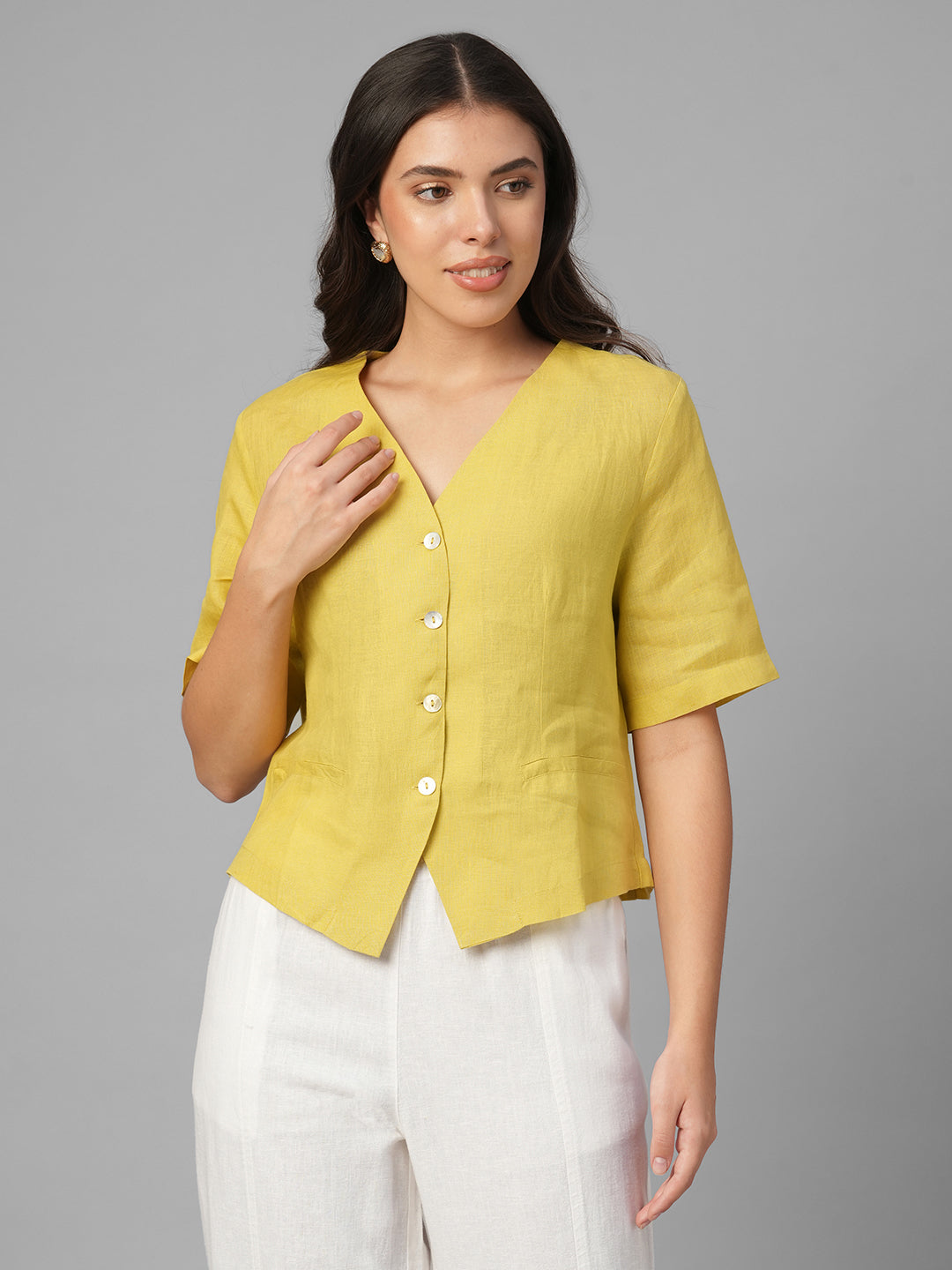 Women's Mustard 100% Linen Regular Fit Blouse