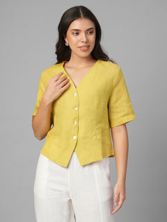 Women's Mustard 100% Linen Regular Fit Blouse
