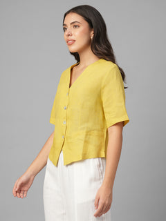 Women's Mustard 100% Linen Regular Fit Blouse