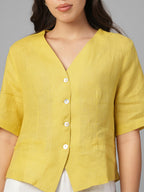 Women's Mustard 100% Linen Regular Fit Blouse
