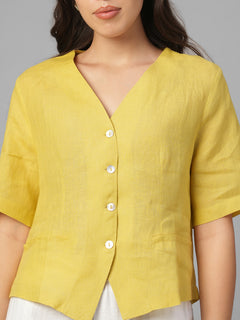 Women's Mustard 100% Linen Regular Fit Blouse