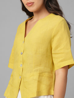 Women's Mustard 100% Linen Regular Fit Blouse