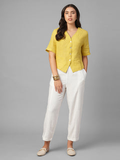 Women's Mustard 100% Linen Regular Fit Blouse