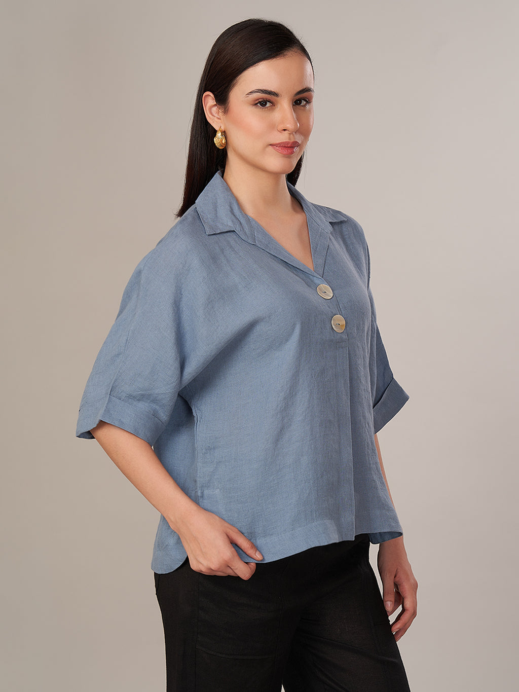 Women's 100% Linen Boxy Fit Blouse Blue