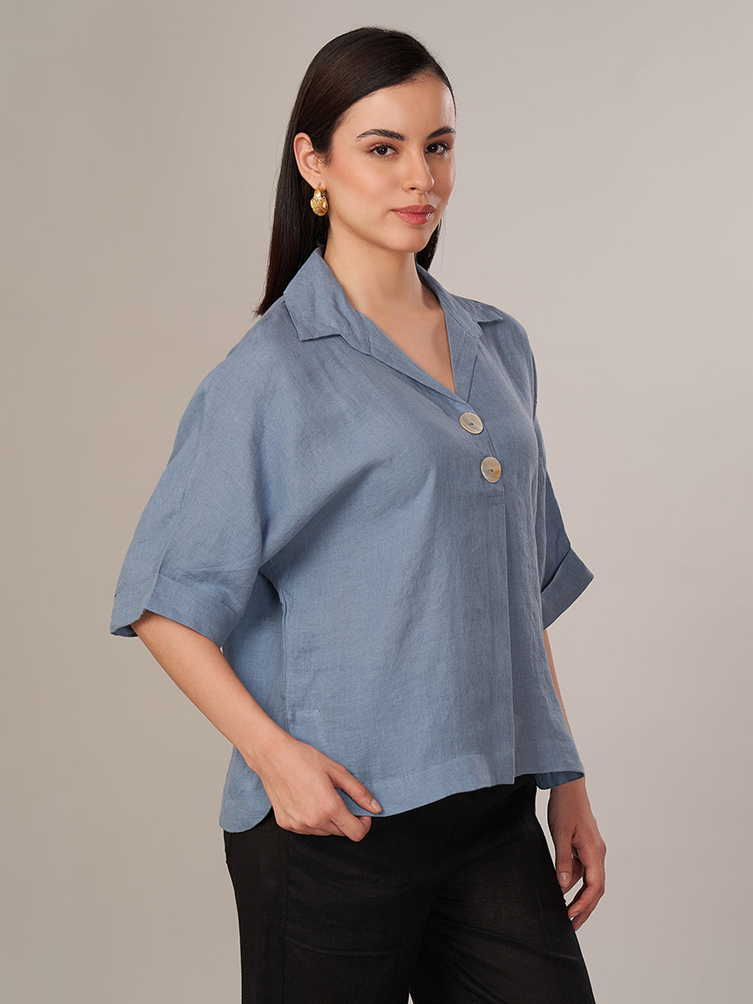 Women's 100% Linen Boxy Fit Blouse Blue