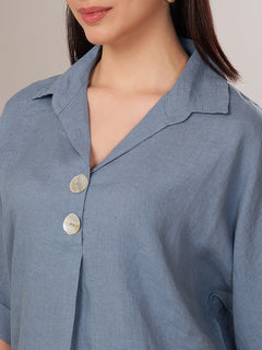 Women's 100% Linen Boxy Fit Blouse Blue