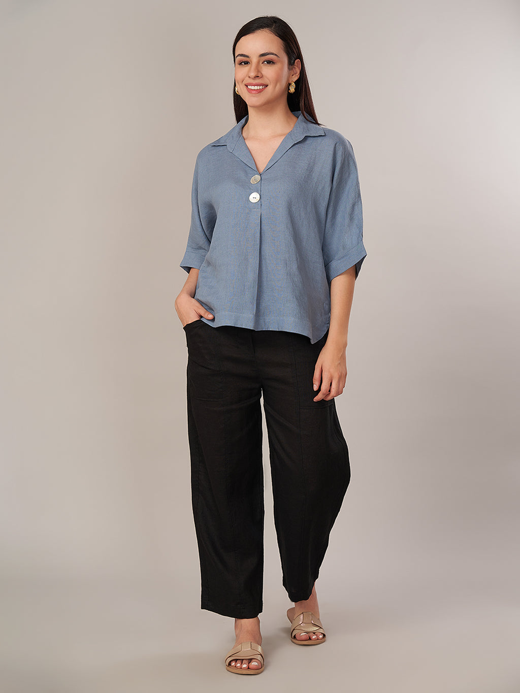 Women's 100% Linen Boxy Fit Blouse Blue