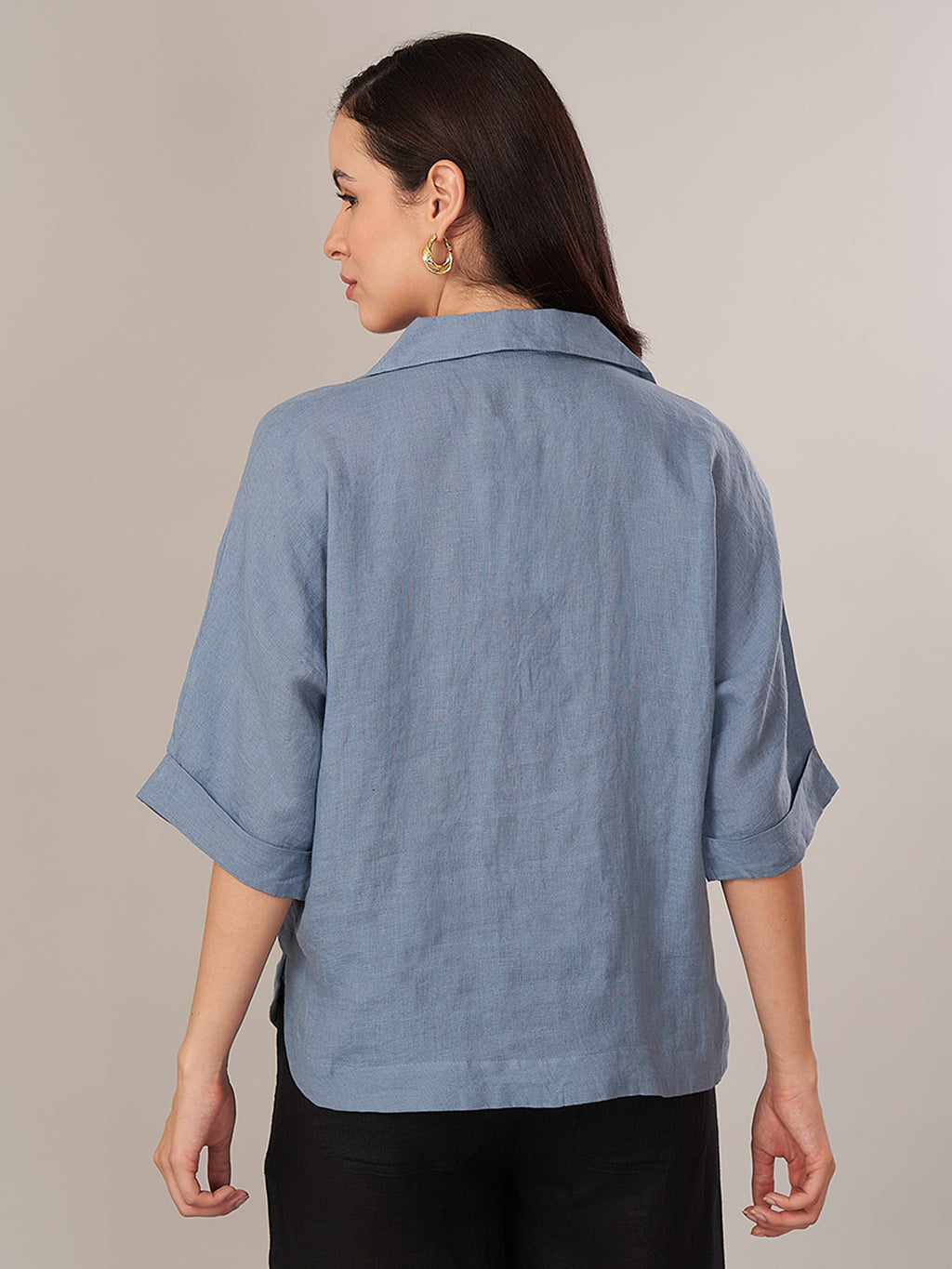 Women's 100% Linen Boxy Fit Blouse Blue