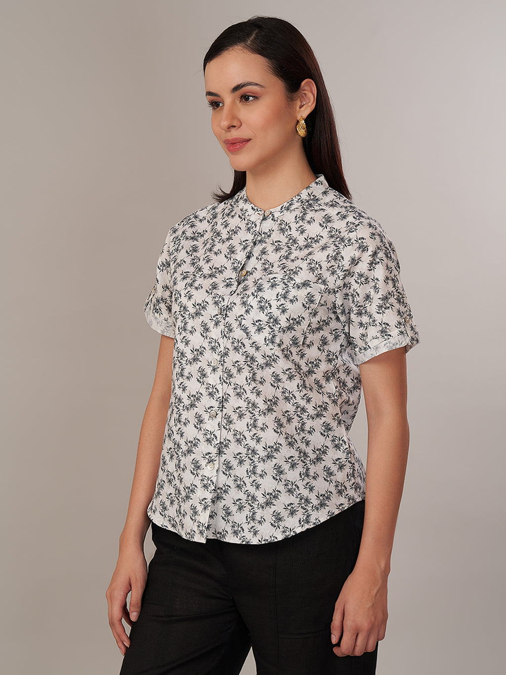 Women's Linen Cotton Regular Fit Blouse White-Black