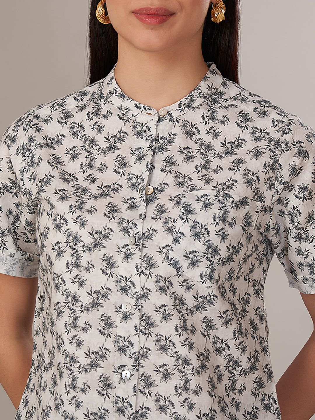 Women's Linen Cotton Regular Fit Blouse White-Black