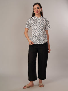 Women's Linen Cotton Regular Fit Blouse White-Black
