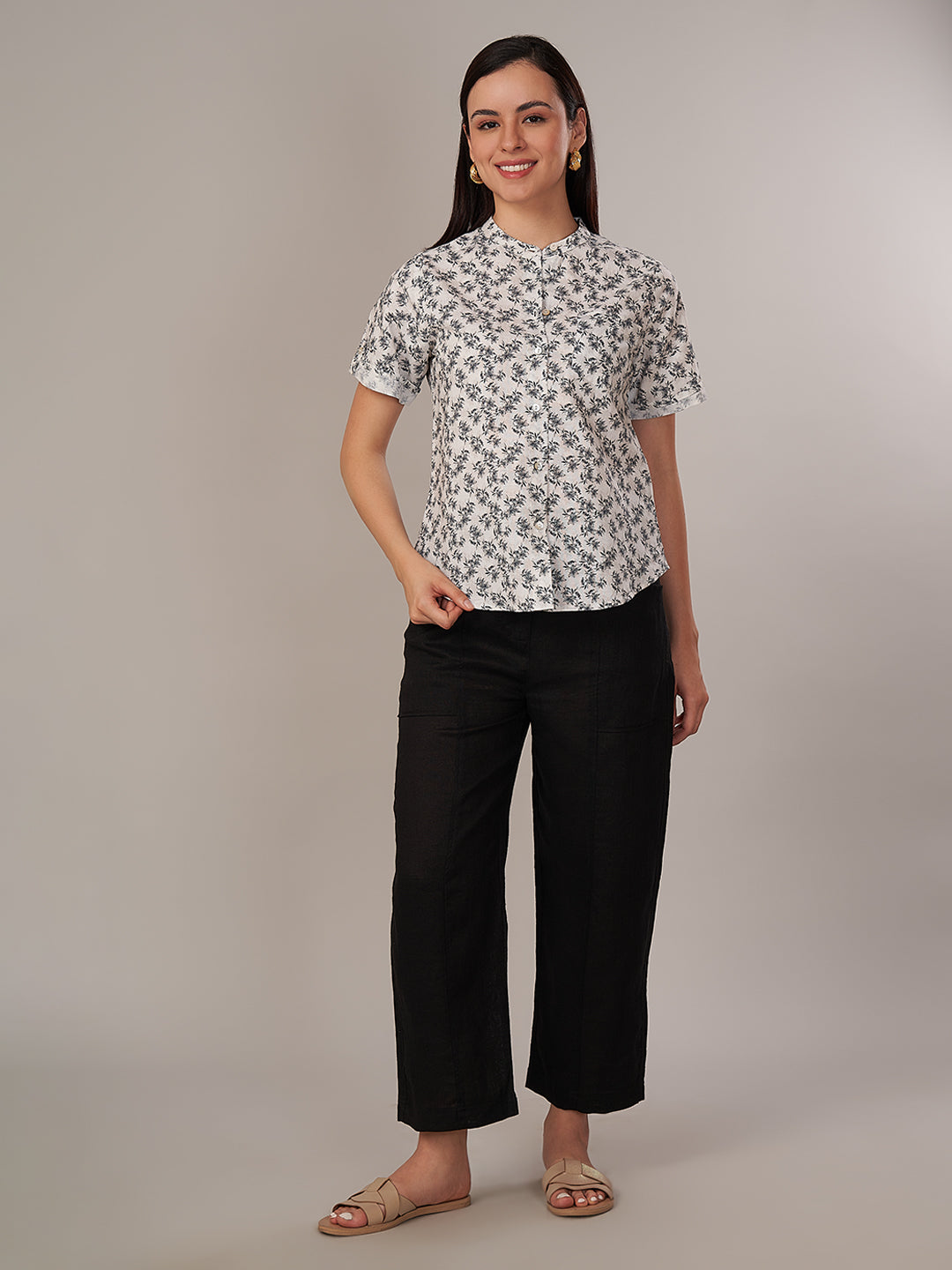 Women's Linen Cotton Regular Fit Blouse White-Black