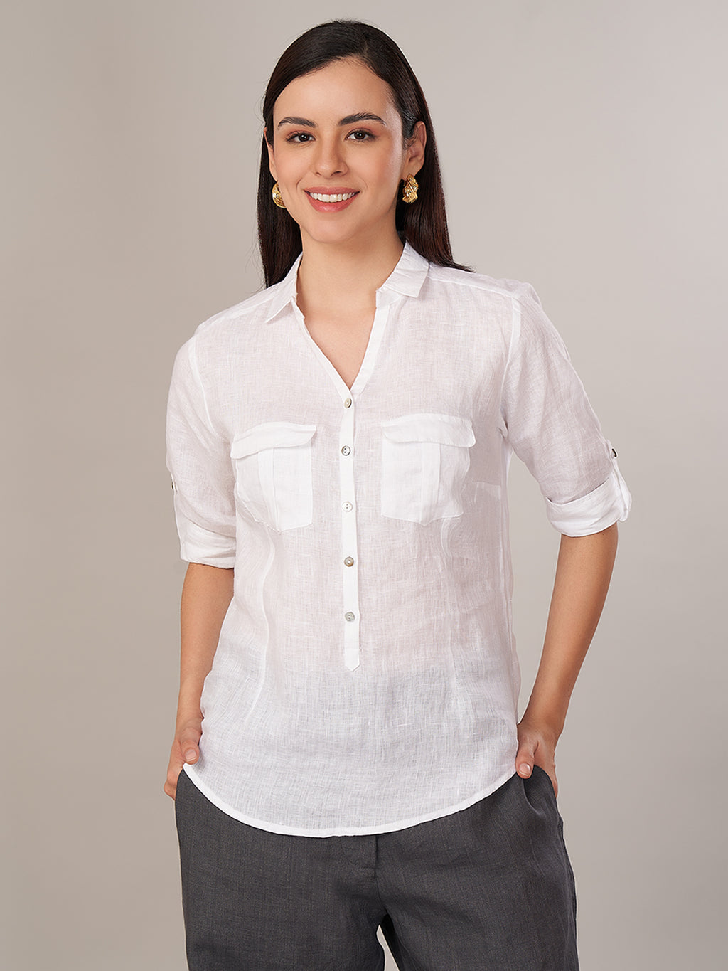 Women's 100% Linen Regular Fit Blouse White B