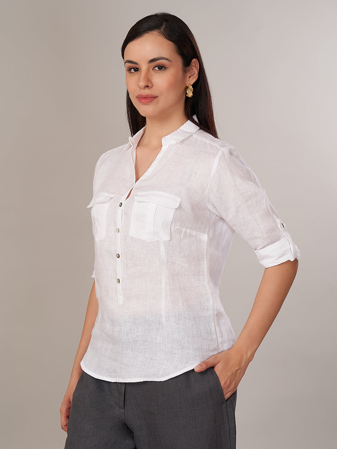 Women's 100% Linen Regular Fit Blouse White B