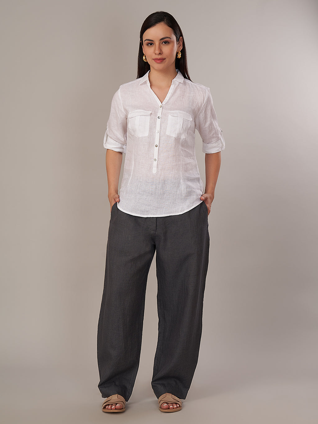Women's 100% Linen Regular Fit Blouse White B