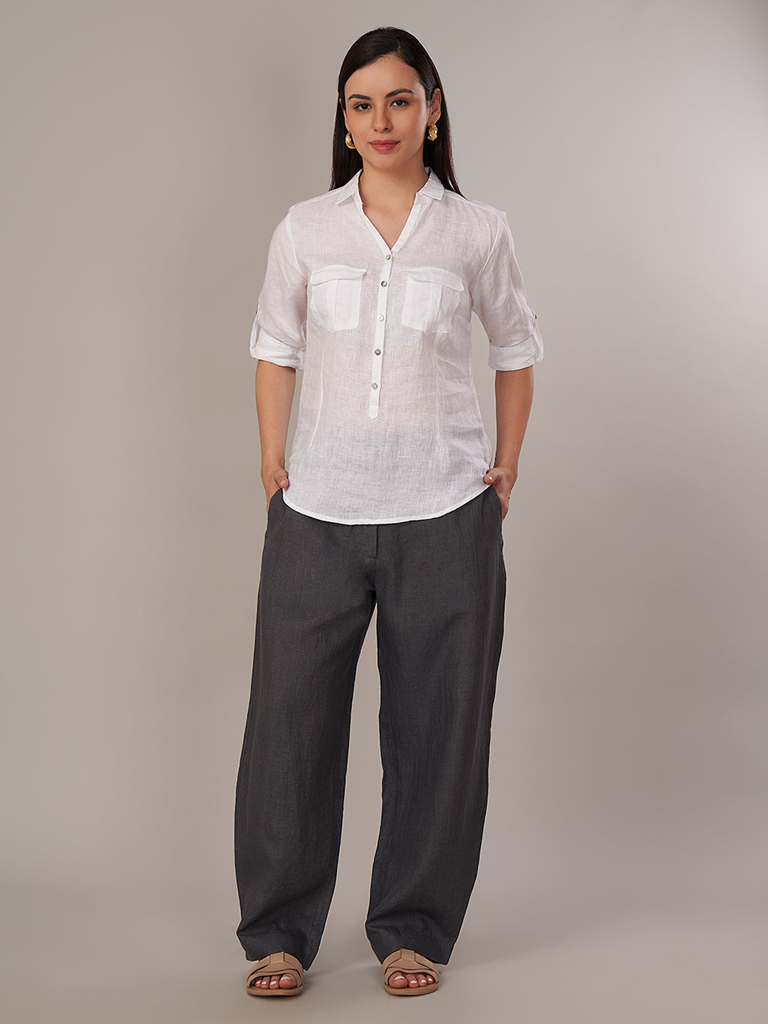 Women's 100% Linen Regular Fit Blouse White B