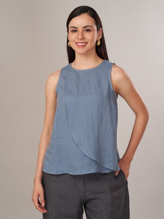 Women's 100% Linen Regular Fit Blouse Blue