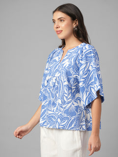 Women's Blue 100% Cotton Regular Fit Blouse