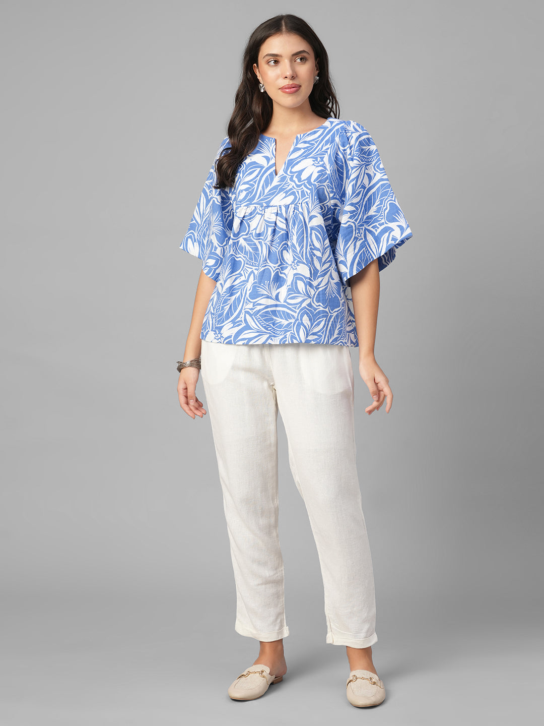 Women's Blue 100% Cotton Regular Fit Blouse