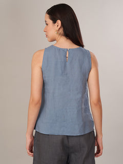 Women's 100% Linen Regular Fit Blouse Blue