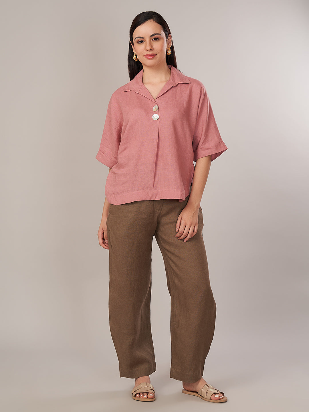 Women's 100% Linen Boxy Fit Blouse Rose