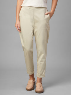 Women's Beige Cotton Lycra Regular Fit Pant