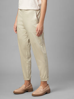 Women's Beige Cotton Lycra Regular Fit Pant
