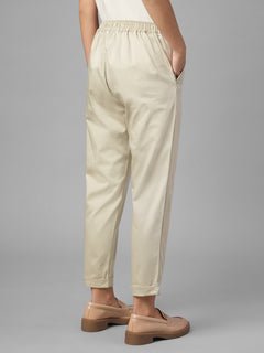 Women's Beige Cotton Lycra Regular Fit Pant