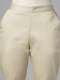 Women's Beige Cotton Lycra Regular Fit Pant