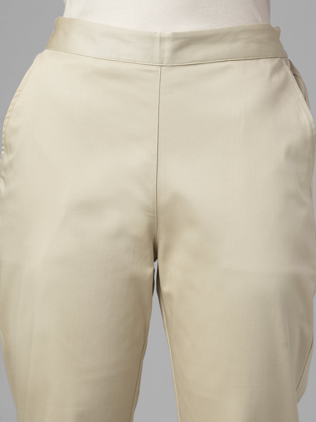 Women's Beige Cotton Lycra Regular Fit Pant