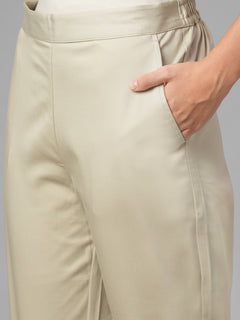 Women's Beige Cotton Lycra Regular Fit Pant