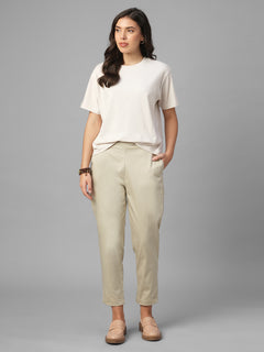 Women's Beige Cotton Lycra Regular Fit Pant