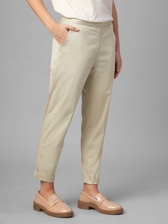 Women's Beige Cotton Lycra Regular Fit Pant