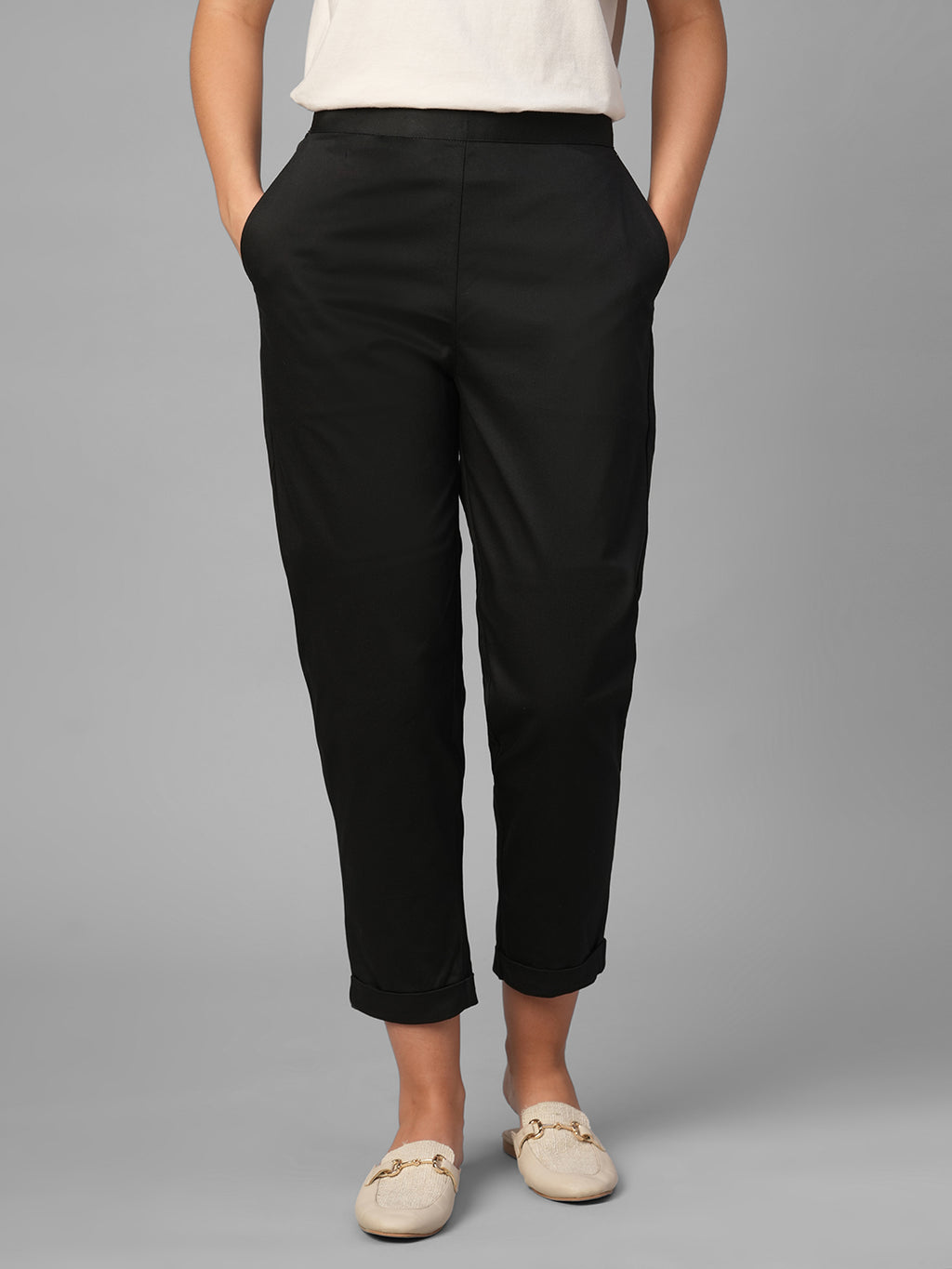 Women's Black Cotton Lycra Regular Fit Pant