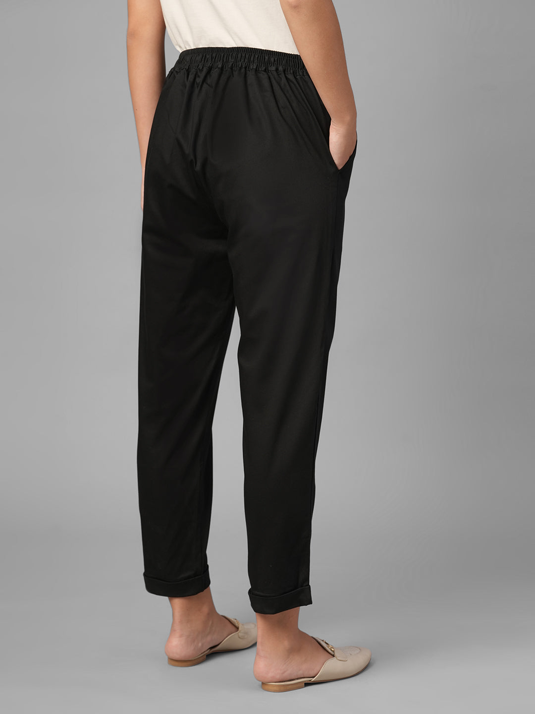 Women's Black Cotton Lycra Regular Fit Pant