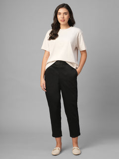 Women's Black Cotton Lycra Regular Fit Pant