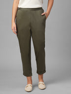 Women's Olive Cotton Lycra Regular Fit Pant