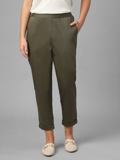 Women's Olive Cotton Lycra Regular Fit Pant