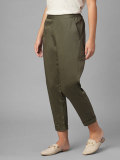 Women's Olive Cotton Lycra Regular Fit Pant