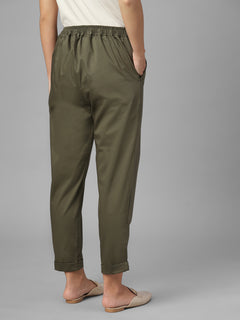 Women's Olive Cotton Lycra Regular Fit Pant