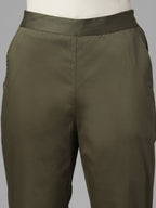 Women's Olive Cotton Lycra Regular Fit Pant